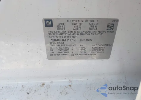 2015 Chevrolet Silverado 2500Hd Wt z USA, uszkodzony, nr VIN 1GC2CUEG9FZ116153